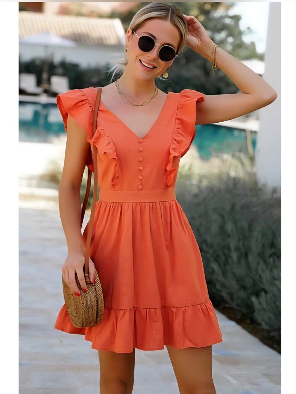 Pumpkin Spice Orange Mini Dress With Ruffles Flutter Sleeves - Picture 1 of 4